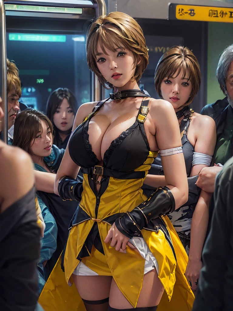 takamori haruka、最high quality、high quality,, ((Masseter muscle area)), ((High resolution)), ((最high quality)), ((Ultra-realistic texture)), detailed, ((Glowing Skin)), (Defeated Yellow Bondage, Ripped black hot pants, Black muffler), Voluptuous bust, exposed navel, Bowl-shaped big breasts, (View from the front, Looking at the audience:1.5)、((background:In a crowded train:1.4))