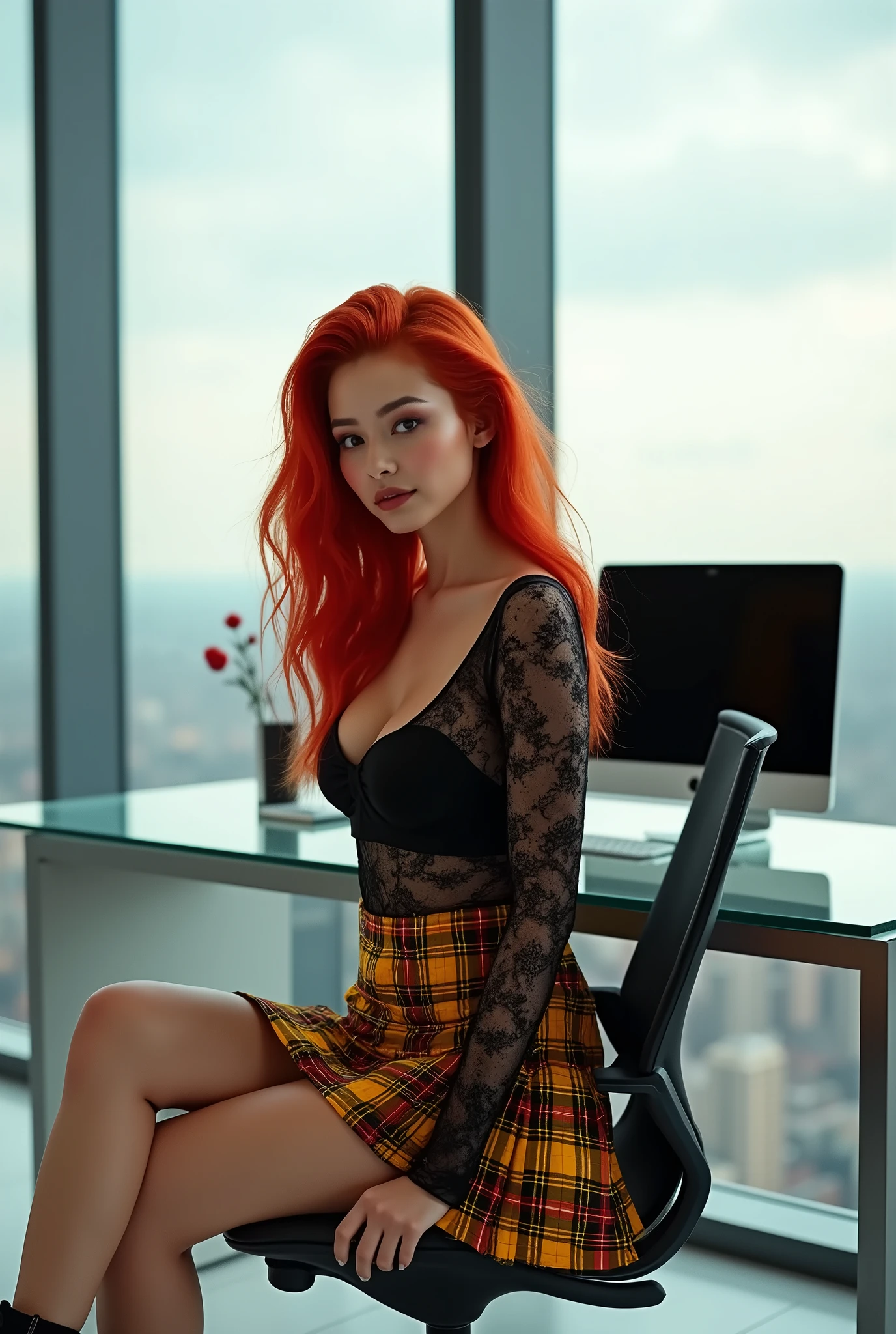 donna con capelli rossi, gonna corta in tartan giallo con righe rosse e nere, top in pizzo nero seduta in un ufficio moderno all'ultimo piano di un grattacielo di edimburgo