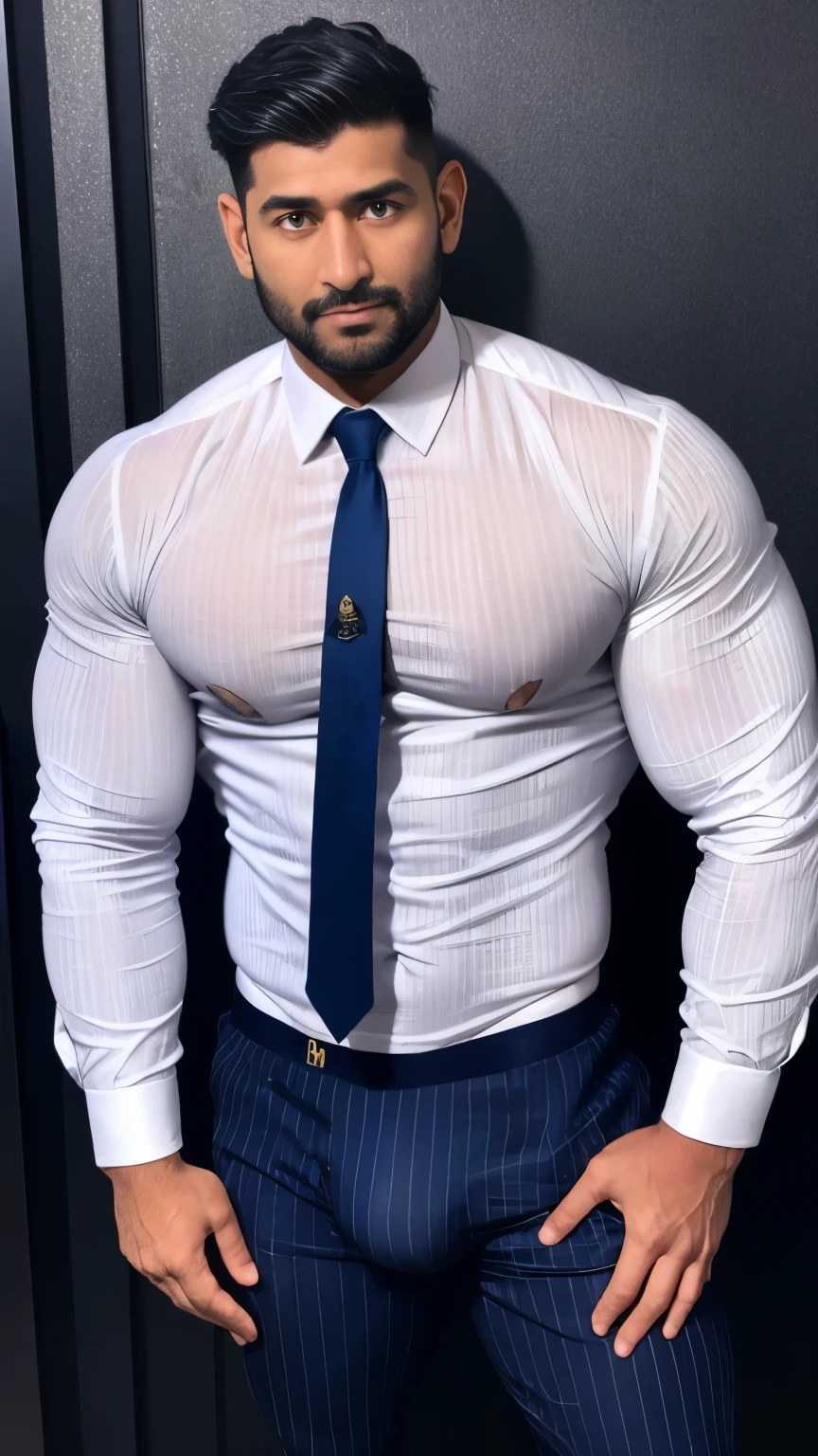 40-year-old boy ,Indian muscular male executive navy blue pinstripe work uniform shirt, wearing tie................ navy blue sexy man thong only... no pants.... dripping on body and pants....................,legs wide open, legs on shoulder, missionary POV, men in suffering and drooling, drenching sweet, hairy ass, man ass, bulge dripping , all soaked wet