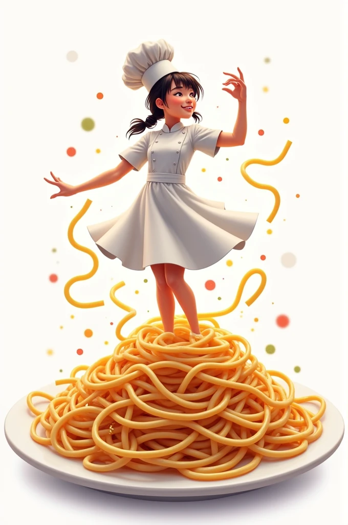 A plate of noodles and a chef girl dancing on top of the noodles. Removing background.