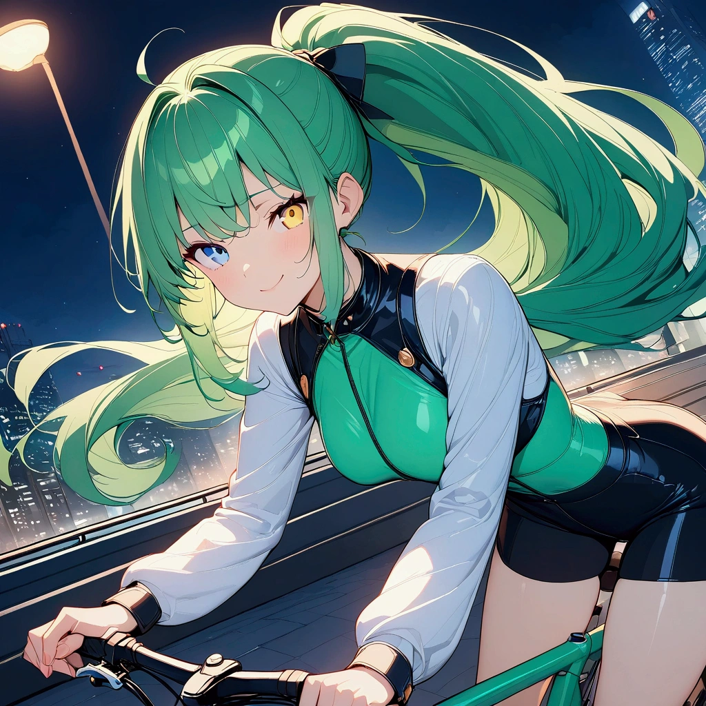 (((anime))) A woman riding a bike,green bike,Long Hair,(Green Hair),Blowing in the Wind,ponytail,Bangs parted in the center,Heterochromia iridis,((blue eyes)),Yellow Eyes,Big Eyes,smug face,Confident々Expression of rider's clothes, Light,Night City,Japan Night,masterpiece,Highest quality,Exquisite,8k,Absurd,Ultra-fine illustrations,Pull angle
