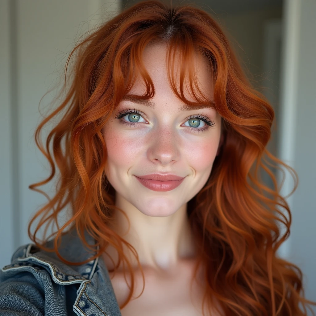 A striking 20-year-old woman boasts a beautiful face, silvery eyes, and pale skin. Her fiery red curls cascade in loose waves, with curled bangs framing her attractive features. She showcases her hourglass figure in a loose dress, which is further emphasized by an oversized jacket strategically draped over her medium-sized breasts. Completing her outfit are trendy boots. With a cute, inviting smile on her face, she takes a selfie, highlighting her fashionable style and youthful charm. The image focuses on her detailed facial features, especially her unique eyes, in a high-quality, raw, and casual presentation against a simple background.