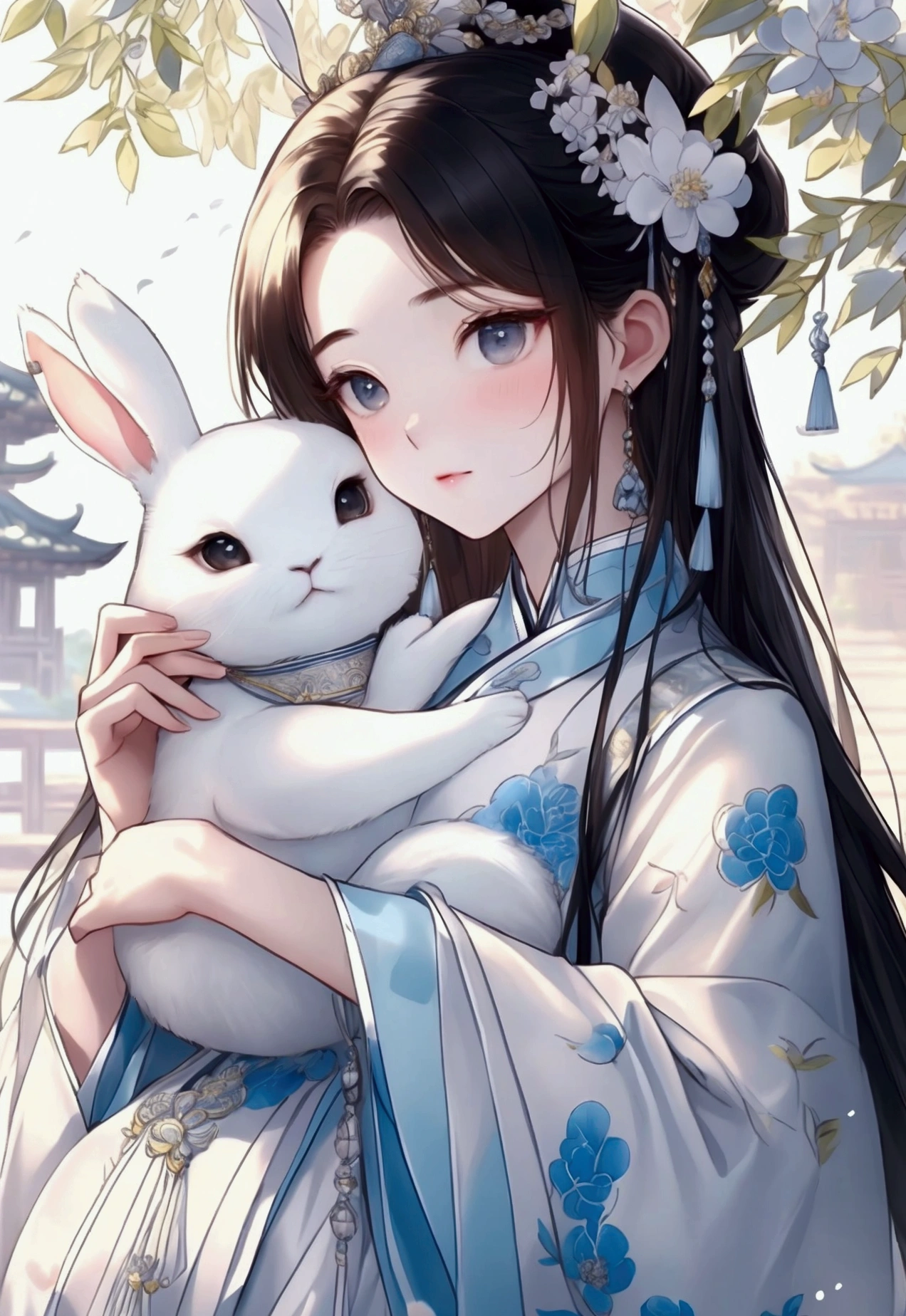 Guanghan Palace，Beside the laurel tree，Accompanied by Jade Rabbit。Chang&#39;e&#39;s light figure，Slightly sideways，Holding a white rabbit in his arms，Looking into the distance tenderly。 Center composition white、light blue、Silver and cool、grace、Mysterious traditional New Year painting style、Aesthetic style oval face，Willow Leaf Eyebrows，big eyes，Fair skin，The expression is indifferent。Long black hair coiled，Wearing a white ancient dress，The skirt has a silver thread embroidery pattern。 New Year pictures high definition，Ultra-high detail、Very high quality, Portrait Fine, Vivid colors, Fantastic effect。The picture style is Chinese style