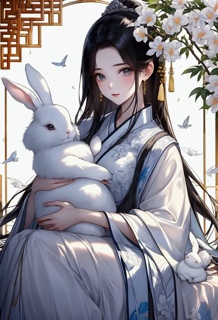 Guanghan Palace,Beside the laurel tree,Accompanied by Jade Rabbit。Chang'e's light figure,Slightly sideways,Holding a white rabbit in his arms,Looking into the distance tenderly。 Center composition white、light blue、Silver and cool、grace、Mysterious traditional New Year painting style、Aesthetic style oval face,Willow Leaf Eyebrows,big eyes,Fair skin,The expression is indifferent。Long black hair coiled,Wearing a white ancient dress,The skirt has a silver thread embroidery pattern。 New Year pictures high definition,Ultra-high detail、Very high quality, Portrait Fine, Vivid colors, Fantastic effect。The picture style is Chinese style