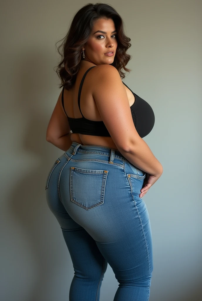 Woman with big breasts and big ass in very tight jeans 