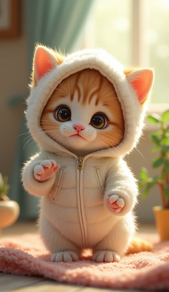 Cute kitten in fluffy white hooded outfit
