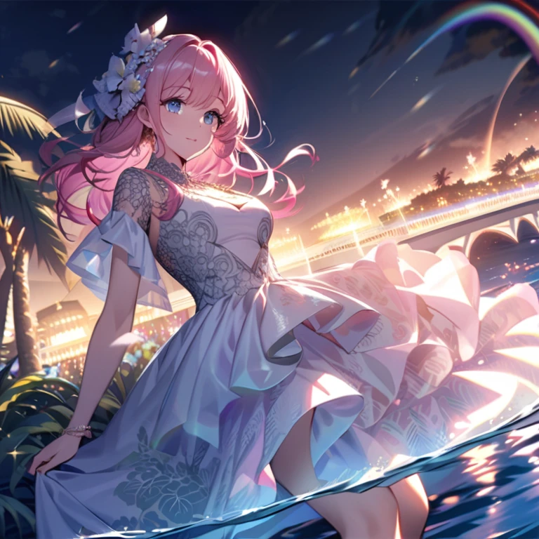 ``A beautiful woman with long pink hair and beautiful eyes wearing an elegant and detailed hawaiian dress.The dress must have intricate designs and patterns to give it a luxurious and luxurious feel.In the background , the image should depict a romantic Hawaiian beach at night with light reflecting off the water and an illuminated bridge across the scene, emphasizing the sparkling effects and rainbows throughout the image. Enhance your look and add special ruffles to your dress to make it stand out.”