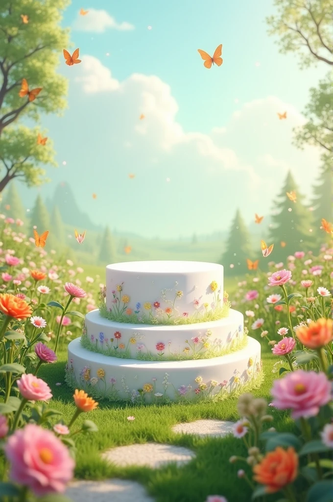 White podium in a field of flowers with green grass. Image shiukd have a faitytale fantasy vibe with golden glitter in the background to complement the grass and butterflies flying around