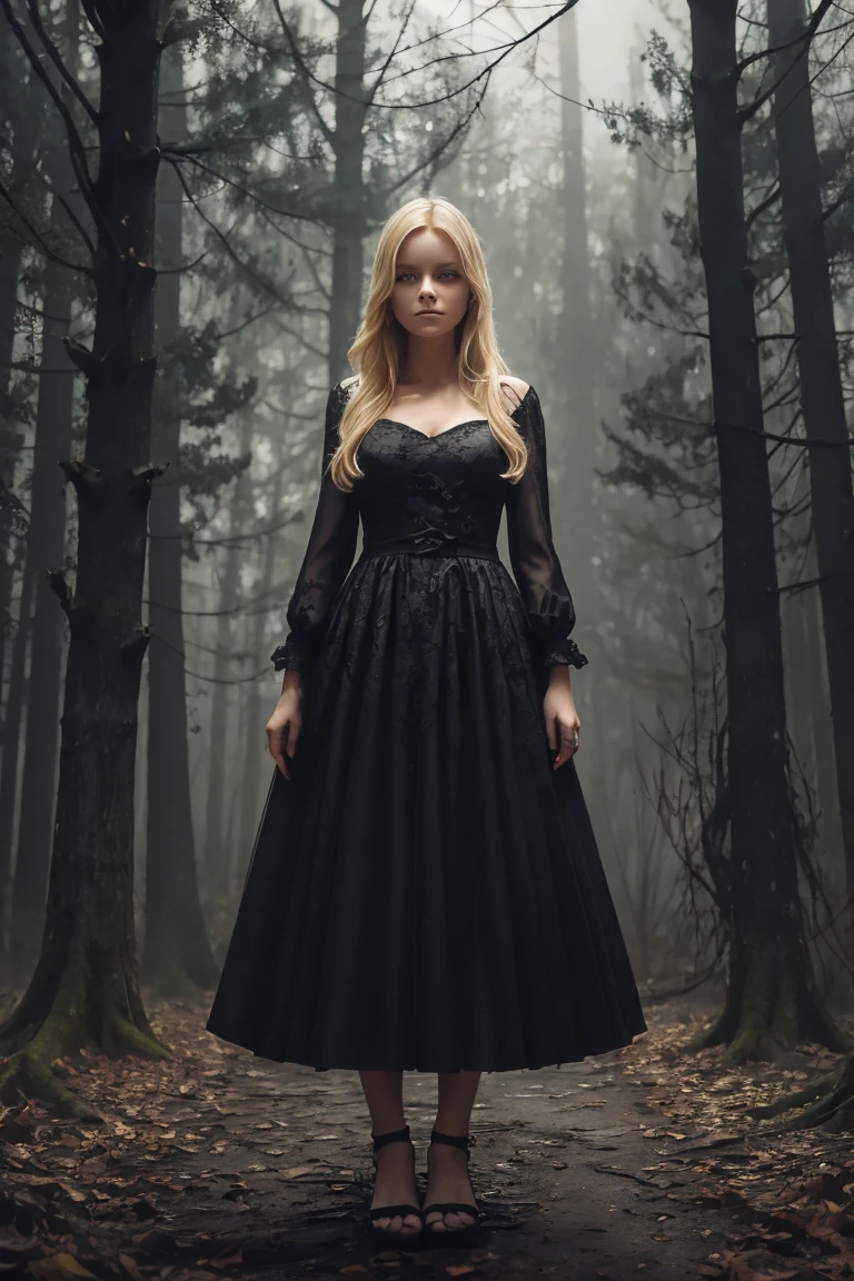 Create a haunting image of a beautiful blonde girl, surrounded by a dark and ominous forest, with twisted branches and gnarled trees closing in around her. Her eyes are wide with fear, and her face is illuminated only by the faint moonlight peeking through the canopy above. The atmosphere is eerie and foreboding, with mist swirling around her feet.