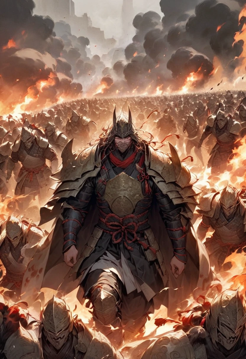 A scene of a powerful warlord, his face filled with fear and panic, fleeing the battlefield. He is dressed in traditional samurai armor, with his helmet slightly askew, surrounded by chaos as his troops scatter. The background shows a battlefield engulfed in smoke and fire, emphasizing the intensity of the moment."
