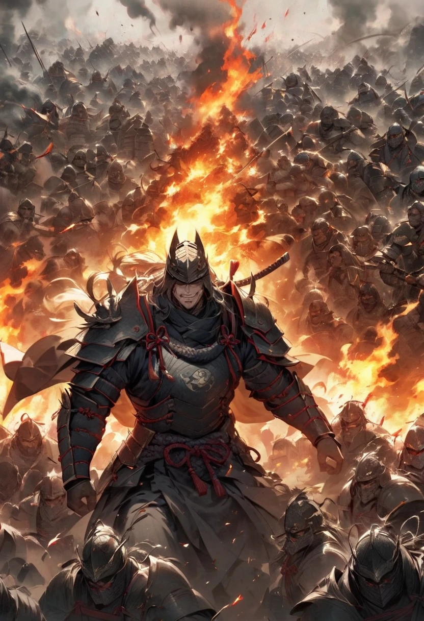 A scene of a powerful warlord, his face filled with fear and panic, fleeing the battlefield. He is dressed in traditional samurai armor, with his helmet slightly askew, surrounded by chaos as his troops scatter. The background shows a battlefield engulfed in smoke and fire, emphasizing the intensity of the moment."