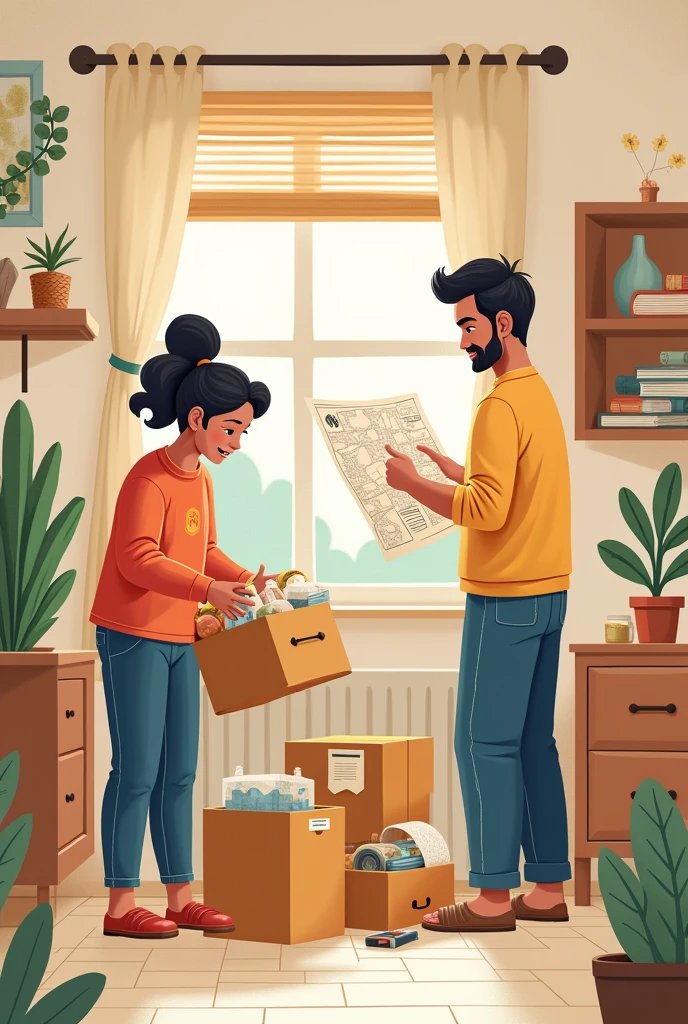 can u make a simple educational poster, something i could draw, about a community helping eachother while they're preparing / planning for a calamity.
they're in a house, one is packing things to put them in a "go bag", and one is planning for the calamity.
generate the people SIMPLY so i could draw it , doodle it.