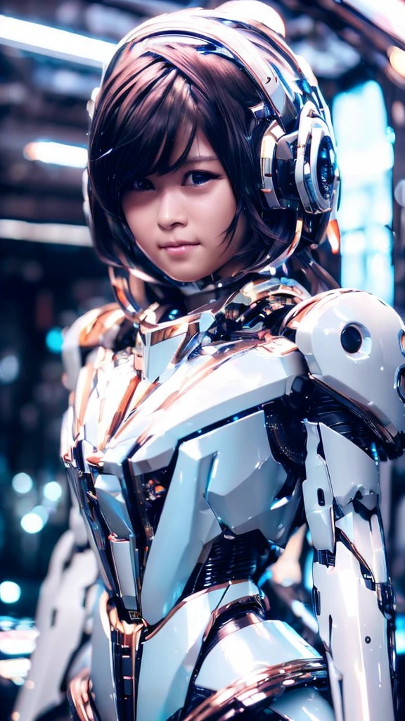 Wide-angle shot, 1 female, Mecha, Shining black eyes, Very cute face, (Realistic:1.37), バイオMechaニカル, Spaceship interior bokeh background, Ultra-realistic, Very detailed, Very intricate details, Beautiful woman in focus