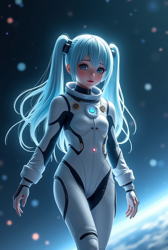 Outer space, space suit, beautiful girl, light blue hair, twin tails