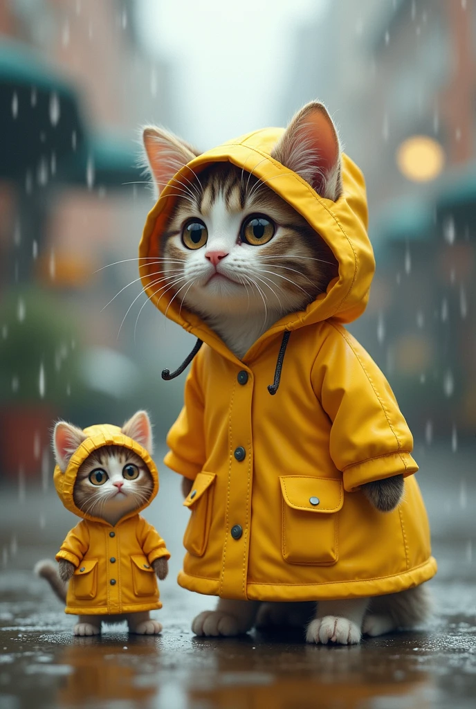 Cat with rain coat and having a kitty with rain coat