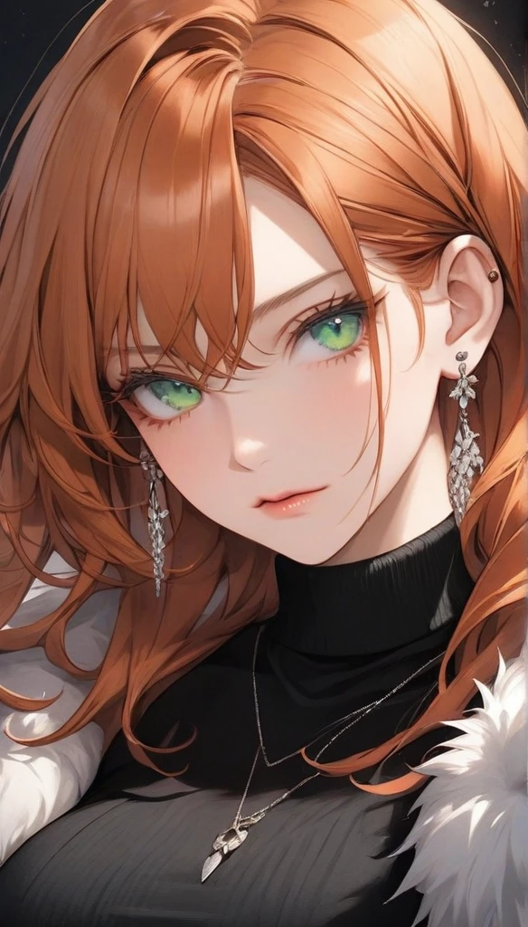 high resolution, Masterpiece, Anatomically correct, precise, qualityที่ดีที่สุด, quality, 1 woman, Age 25 years,long hair, ginger hair hair, emerald eyes, Uneven hairstyles, big breasts, earring, Dark makeup, A cold expression simple background, Close-up , Anime style,Wearing black sweater,fur coat, Sharp eyes ,mature woman 