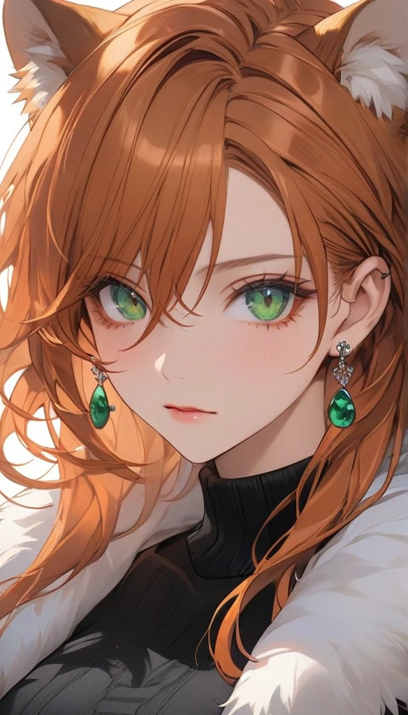 high resolution, Masterpiece, Anatomically correct, precise, qualityที่ดีที่สุด, quality, 1 woman, Age 25 years,long hair, ginger hair hair, emerald eyes, Uneven hairstyles, big breasts, earring, Dark makeup, A cold expression simple background, Close-up , Anime style,Wearing black sweater,fur coat, Sharp eyes ,mature woman 