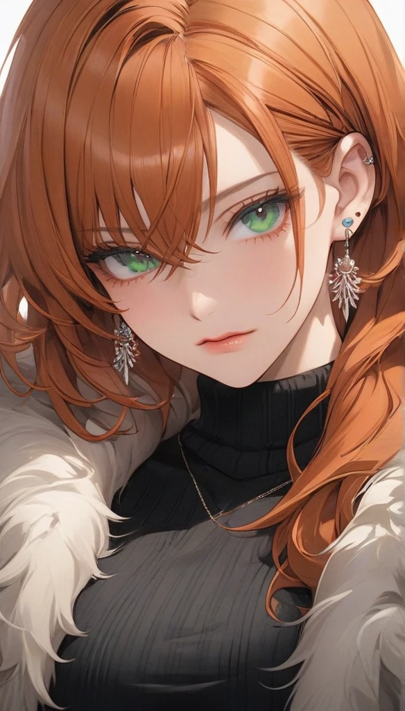 high resolution, Masterpiece, Anatomically correct, precise, qualityที่ดีที่สุด, quality, 1 woman, Age 25 years,long hair, ginger hair hair, emerald eyes, Uneven hairstyles, big breasts, earring, Dark makeup, A cold expression simple background, Close-up , Anime style,Wearing black sweater,fur coat, Sharp eyes ,mature woman