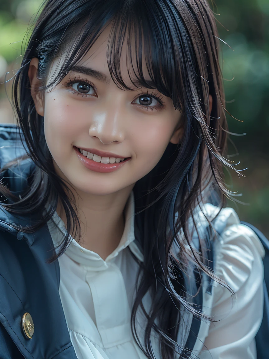 (8k, RAW Photos,Highest quality, High resolution:1.1), (Ultra-realistic:1.4),(Realistic, Realistic:1.3),The Beauty of Japan、Japanese、1 person、((smile:1.2))、Body facing forward、Face close-up、Upper body close-up,Diagonal bangs、Bright light Blue Hair、 Sage_(dq3),Long Hair, Blue Hair, Circlet, Red eyes,Small breasts, Yellow gloves, White Dress, belt, Cape, boots