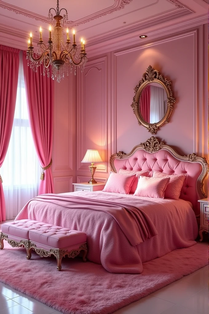 Luxury pink room have everything luxurious in pink Barbie really life style type of room like that have queen size bed with fluffy pink rose color fur and the whole room look luxurious for rich