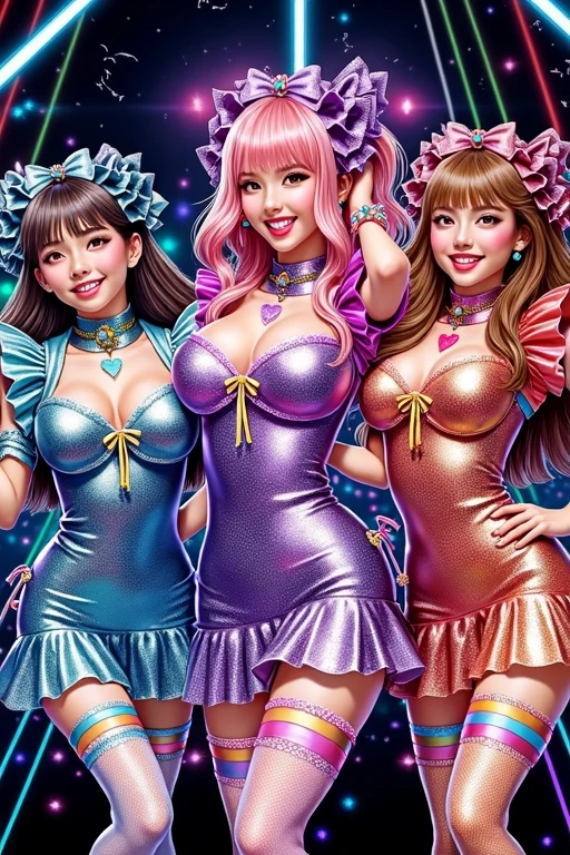 Highest quality、High resolution、Detailed Background、(Beautiful face in every detail:1.4)、Anatomically correct、Detailed facial expressions、Detailed eyes、 Beauty、(Highly detailed face:1.4)、Huge breasts、Light-colored hair、well-groomed eyebrows、colorful stockings、Big smile、boost mood、Idol Style、Accentuate your breasts、
Full Body Shot、
(Three girls in holographic laser dresses smiling and singing on stage:1.5)、
Bright and pop colors、Ruffles and lace、Sleeves and hems of clothing、Ruffles and lace are applied to the collar etc.、Motifs such as hearts、Dresses and skirts、Femininity and cuteness、Hair accessories and ribbons、so beautiful