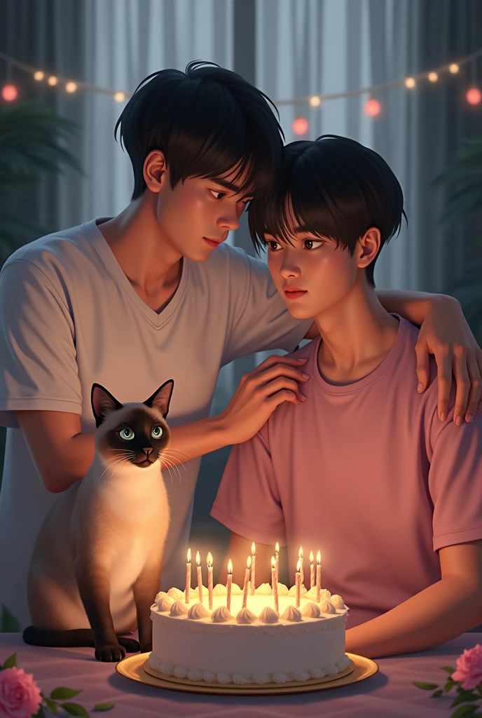 The birthday party has a man in a short-sleeved white shirt stroking the head of a man in a pink shirt and a Siamese cat blowing out candles on the cake.