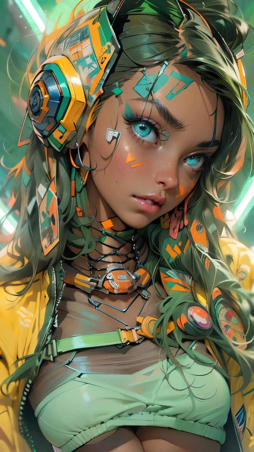 (Quality)), ((masterpiece)),Ariana Grande wears a green cyborg jacket,Dance ballet ,(neon green student jacket:1.4), (yellow transparent miniskirt cyborg schoolgirl:1.4),(Background ice wall frozen cave:1.4), long white-grey hair, The best, masterpiece, High resolution, The best Quality, Ultra-High-Definition, super Details, Award-winning works, 16K,,(Nice blue eyes), (Cowboy-Pose) ,(Cyberpunk green transparent jacket:1.4), (Jupiter Star Wars City Background:1.4), (orange jacket+Cyborg rot:1.4), long red hair, (perfect anatomy ), (He has a pirate eye patch:1.4) ,(orange jacket by Cyber Cyborg) , (shows a flat stomach), (has transparent plastic clothing:1.4) ,(shows lace panties) ,(African black skin:1.4) ,( cyberpunk 2.1), (length hair, neongelb:1.4), (yellow Cyberpunk Bluetooth headphones on the head:1.4),
