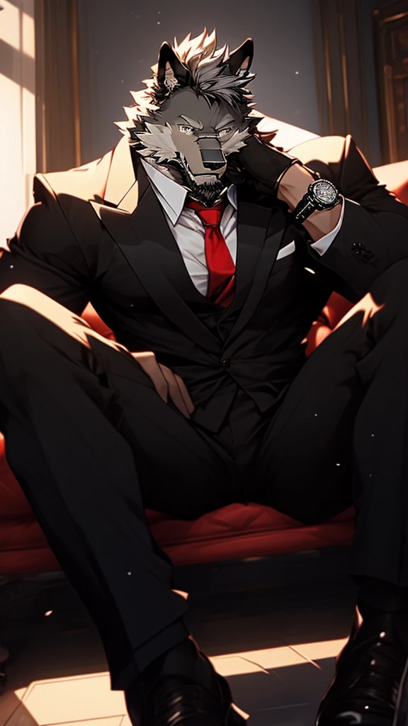 A Very Muscular Furry Gray Wolf. He is wearing A Black Pants with a belt And A Red tie And And a black suit. He is looking at you. He have A Gray messy hair. His left hand is holding A Flip Phone and his right hand is on his leg. He is wearing a black glasses. He is sitting on the floor. He have a black gloves on his hand. He have A Watch on His Arm