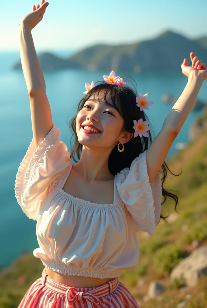 one person、High resolution、smile、High resolution、masterpiece、Anatomically correct、Person Portrait、Background blur、Super Real Photo、High resolution、Dramatic image、Harajuku casual fashion、dynamic、The perspective of the shot is quite far away、Capture the whole subject。Capture the whole subject、Beautiful decoration、They stopped and raised their arms in the air.、
background:Ocean view from the cape