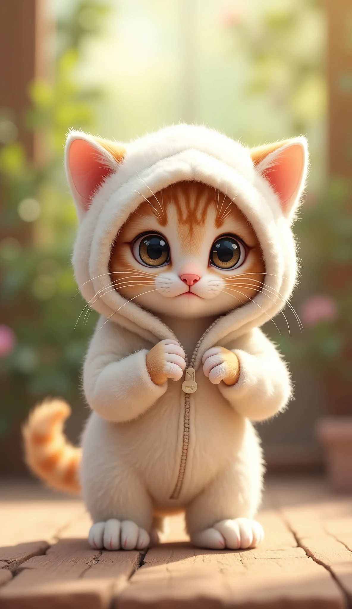 Cute kitten in fluffy white hooded outfit