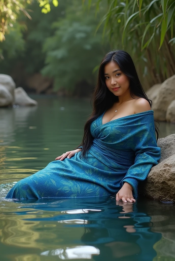 A young woman with a verry curvy body soaks in the clear river, wearing a traditional jarik batik wrapped around half the body, blue, and reed patterns wrapped around her body. She has long, straight black hair flowing over one shoulder and is smiling softly at the camera. The background features lush reed trees and rocks, creating 
