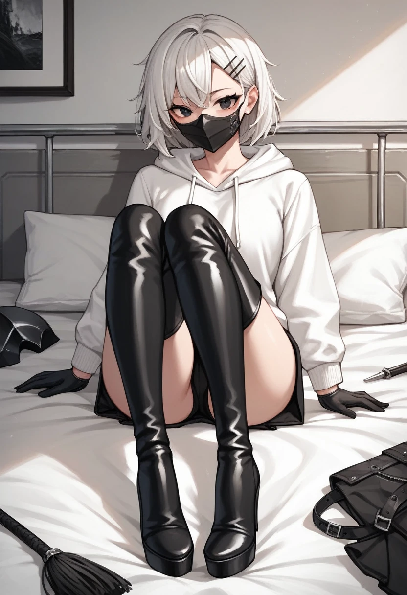 score_9, score_8_up, score_7_up, score_6_up, score_5_up, score_4_up, source_anime, 1woman, fair skin, She lay down on her back, Nice face, bed, white hair, hairpins, black eyes, leather gloves, mask, clean hair, white hoodie, thigh high boots, black boots, heels, room, best quality, best res, 4K UHD,
 