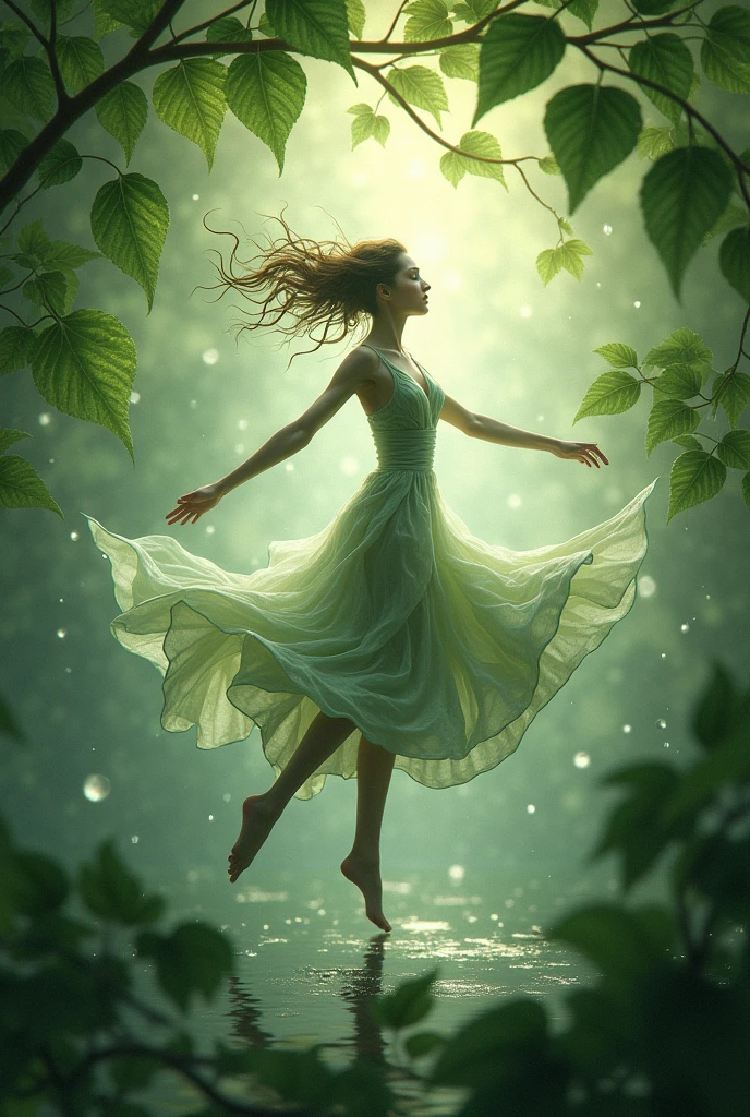 Delicate intricate leaf vein resembling delicate brushstrokes as trendrils of foliage swirl around the figure blurring the lines between dancer and environment against a backdrop of gentle glistening rainfrops
