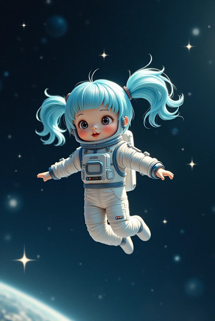 Outer space, space suit, cute, light blue hair, twin tails