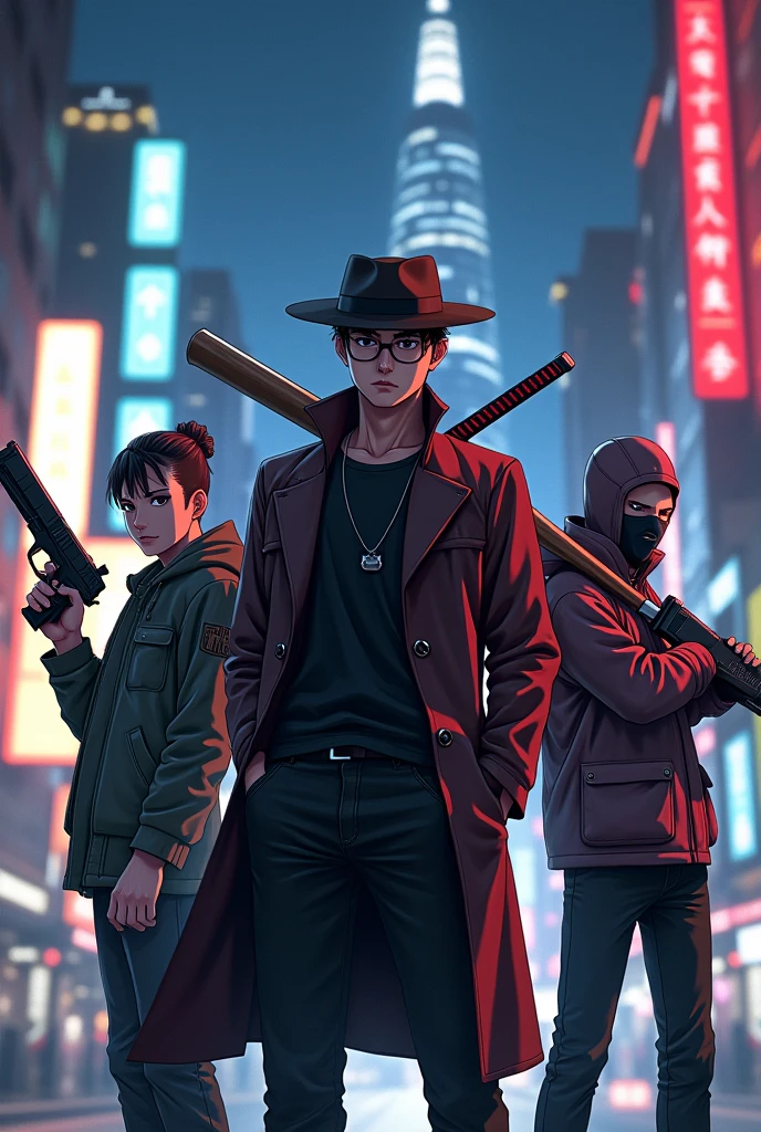 Create 4 anime character:
{character 1: {add HD text:“Pras"}, use glasses, use katana};
{character 2: {add HD text: “Nando"}, use hat, use pistol};
{character 3: {add HD text: “Doma"}, use mask, use stick baseball};
{character 4: {add HD text: “Pandi"}, use mask, use stick baseball};
{{background: capital text:“GLBK”, city night}}, realistic, HDR, handsome, korean style, full body, age 20