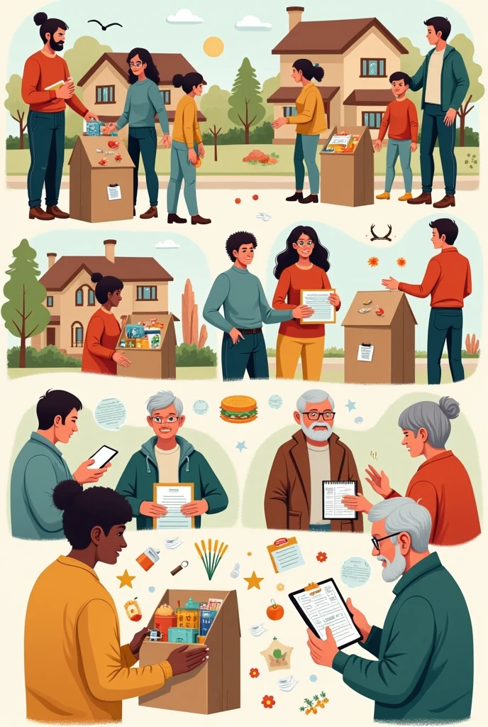 can u make a simple educational poster, something i could draw, about a community helping eachother while they're preparing / planning for a calamity.
in this scenario some people is packing things to put them in a "go bag", and one is planning for the calamity.
generate the people SIMPLY so i could draw it , doodle it.