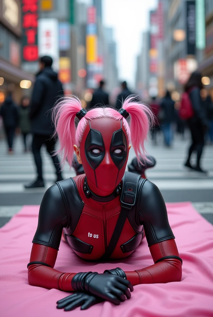 ((Highest quality)), ((masterpiece)), (photograph), (Japanese women), ((Deadpool costume and mask)), (((White letters on the chest「to us」He writes))), Deadpool woman with pink hair and twin tails, Lying on a pink bath mat at Tokyo's Scramble Crossing, Surrounded by passers-by。