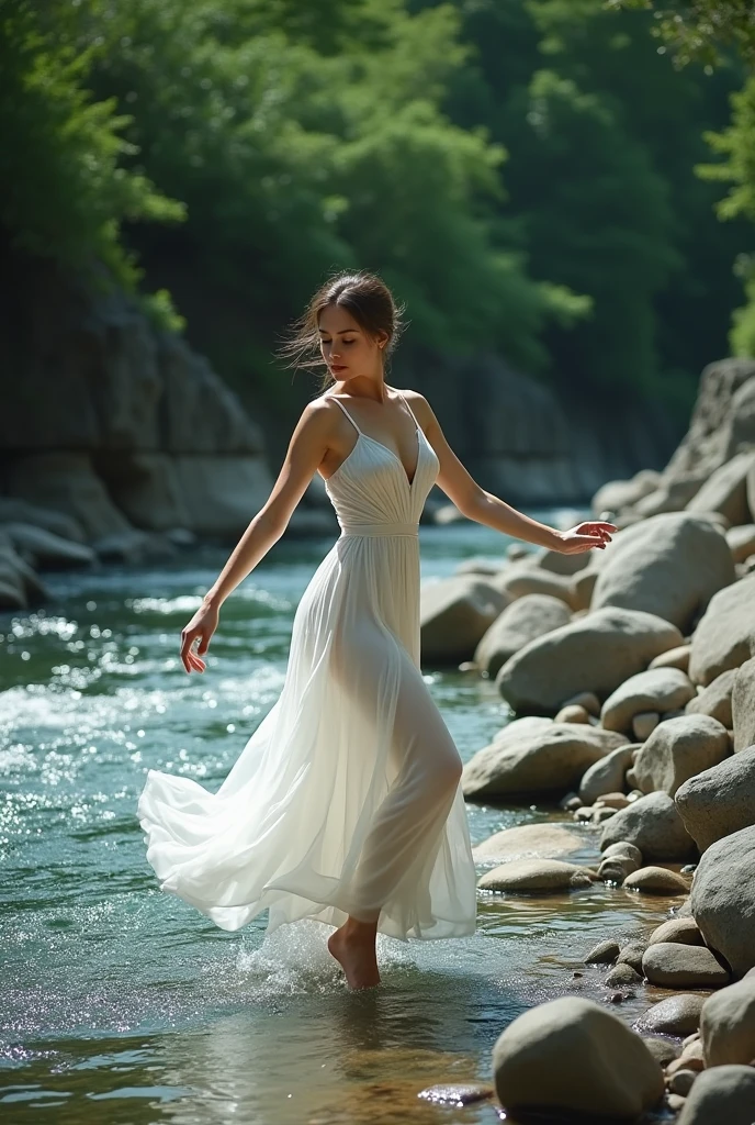 Photoshot of a beautiful woman dancing on a rock and in a beautiful river stream