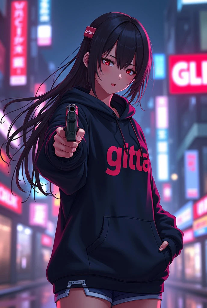 Create a character anime, {background: capital text: “GLBK” in right-top, night city}, tanned skin,
realistic, HDR, beautiful, japan style, full body, use piastol, age 20, hoodie HD text: “GITTA”, female, long hair
