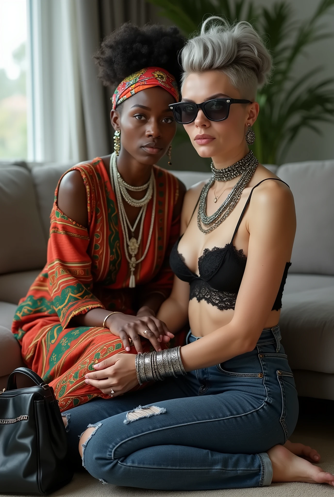 African milf woman sitting on a sofa with separated legs, afro hairdo, serious face, wearing traditional colourful african clothes, barefoot, hands tightly on shoulders of a caucasian milf woman at her feet (light grey hair, light green eyes, pale face, pale neck, pale chest, pale arms, pale hands, pale stomach, pale legs and feet) in chic rock fashion: pompadour hairstyle with top bun and shaved sides, colourful bandana as headboard, a lot of metallic necklaces and pendants, a lot of wide metallic bracelets, black lace push up bra, skinny dark blue jeans with worn knees, kneeling with hands on knees, passive facial expression with open mouth, big square sunglasses. In an apartment decorated in Scandinavian style. A black leather studded tote bag on the floor. Natural light