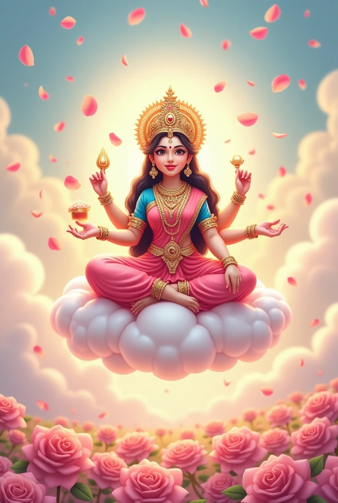 Cartoon lakshmi godess Sitting on the cloud blessing in pastel color and roses field in background and rose petal flew around