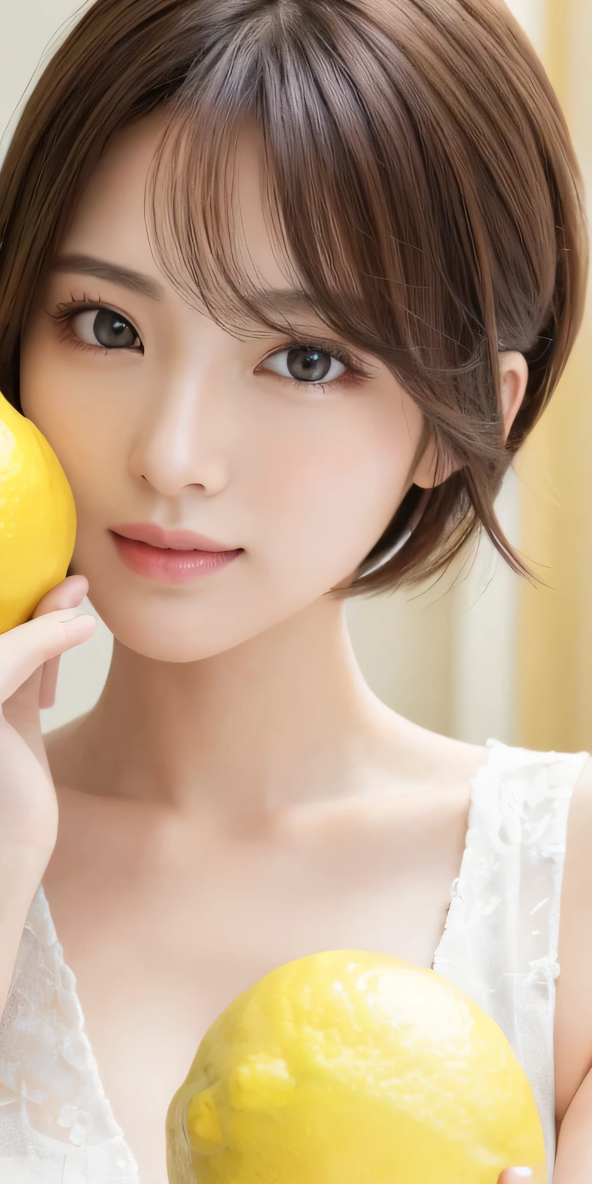 masterpiece、highest quality、High resolution、table top、wallpaper、realistic、bright lighting、professional lighting、face light、smooth lighting、japanese woman、adult、Beautiful woman、action、gravure、sexy、poor、super beautiful、beautiful skin、beautiful and detailed eyes、detailed face、slim、moderately、short hair、brunette colored hair、brown eyes、look at the camera、i have lemon, masterpiece、highest quality、High resolution、table top、wallpaper、realistic、bright lighting、professional lighting、face light、smooth lighting、japanese woman、adult、Beautiful woman、action、gravure、sexy、poor、super beautiful、beautiful skin、beautiful and detailed eyes、detailed face、slim、moderately、short hair、brunette colored hair、brown eyes、look at the camera、i have lemon