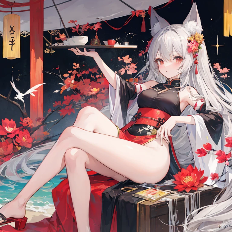 ((4K, masterpiece, best quality)), ink painting, traditional Chinese ink painting, lotus, han dress, maxi kit, modest outfit single girl, 独奏, gray hair, long hair, fox ears, Caucasian, 比基尼, Fish, lots of fish nearby, Look at the beholder, Tease穿著黑色洋裝躺at the beach上的毯子上的動漫女孩, seductive anime girl, I&#39;ll draw a fan too, Beautiful charming anime woman, Azure Lane style, Cute anime waifu wearing beautiful clothes, Anime cute art style, Clean and detailed anime art, at the beach上, Wear a swimsuit, Monokini, anime goddess, Outstanding Makina, at the beach