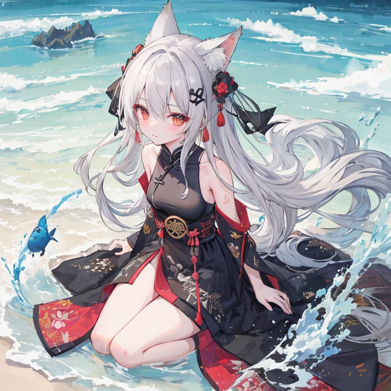 ((4K, masterpiece, best quality)), ink painting, traditional Chinese ink painting, lotus, han dress, maxi kit, modest outfit single girl, 独奏, gray hair, long hair, fox ears, Caucasian, 比基尼, Fish, lots of fish nearby, Look at the beholder, Tease穿著黑色洋裝躺at the beach上的毯子上的動漫女孩, seductive anime girl, I'll draw a fan too, Beautiful charming anime woman, Azure Lane style, Cute anime waifu wearing beautiful clothes, Anime cute art style, Clean and detailed anime art, at the beach上, Wear a swimsuit, Monokini, anime goddess, Outstanding Makina, at the beach