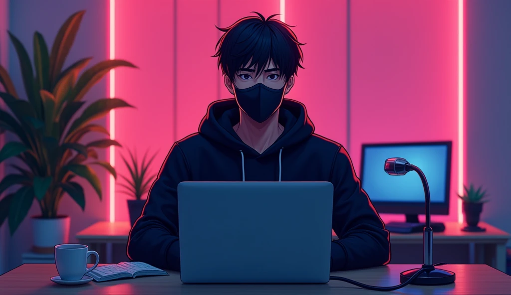 CREATE AN ANIME-FRIENDLY LOOKING MALE BUSINESS
CHARACTER WHO APPEARS HANDSOME AND SMART. HE HAS A GOOD FACE AND IS WEARING A BLACK FACE MASK AND A BLACK HOODIE.
THE CHARACTER IS SITTING BEHIND HIS LAPTOP IN HIS OFFICE, WITH HIS ARMS ON THE DESK. IT IS NIGHT, AND THE ROOM FEATURES VOLUMETRIC NEON LIGHTING.
THE CHARACTER IS FRONT-FACING TO THE CAMERA, LOOKING STRAIGHT AND CENTERED. THIS IS A CENTRAL PORTRAIT WITH AN AUDIO MICROPHONE ON THE DESK NEAR HIS MOUTH. THE CHARACTER'S FACE SHOULD OCCUPY ABOUT 1/3 OF THE IMAGE SIZE. HE IS SITTING STRAIGHT, FRONT VIEW, AND CENTERED, LOOKING STRAIGHT AHEAD. THE OVERALL AMBIANCE OF THE IMAGE SHOULD CONVEY A CONNECTION TO MINIMALISM, WITH FLAT ILLUSTRATION, BOLD LINES, SIMPLIFICATION, AND A GOUACHE ILLUSTRATION STYLE. THE IMAGE SHOULD BE IN 8K RESOLUTION
