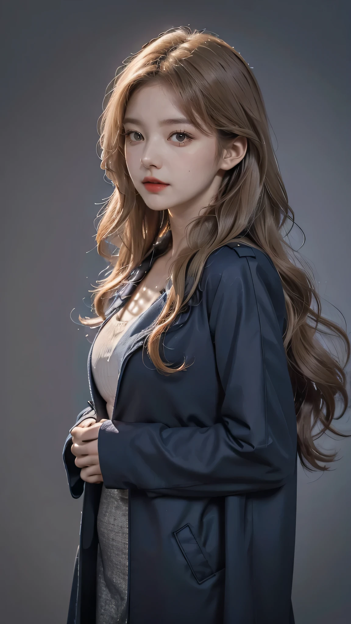 Girl wearing, luxury navy blue coat, shoulder length hair, wavy hair, glowing skin, star in eye, red lips, grey  background, cute poses , upper body, light blonde hair.