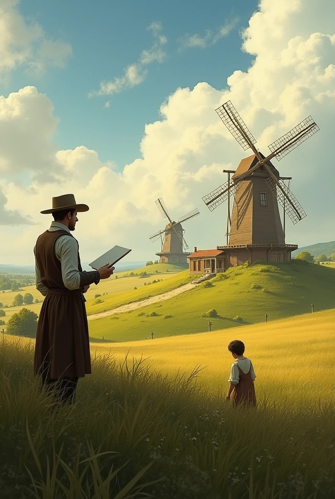 A country side with wind mills vincent sketching in the feilds his father preaching and their family gathered in the house