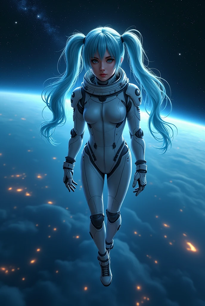 Outer space, space suit, beautiful woman, light blue hair, twin tails