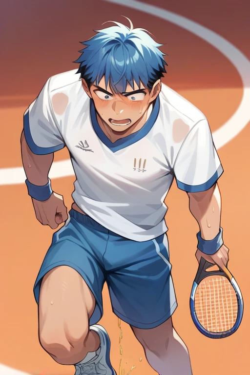 20 years old slender and mascular man in his blue short pants is peeing himself in the tennis court. He is playing tennis but he couldn't hold his pee. There's a pee wet spot on his pants. Pee stain on his pants. There's a pee puddle at his feet. He looks ashamed of peeing himself. Anime