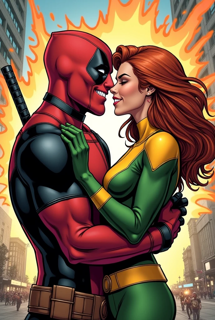 Draw Deadpool with Rogue from X-men, as a couple , comic book scenario